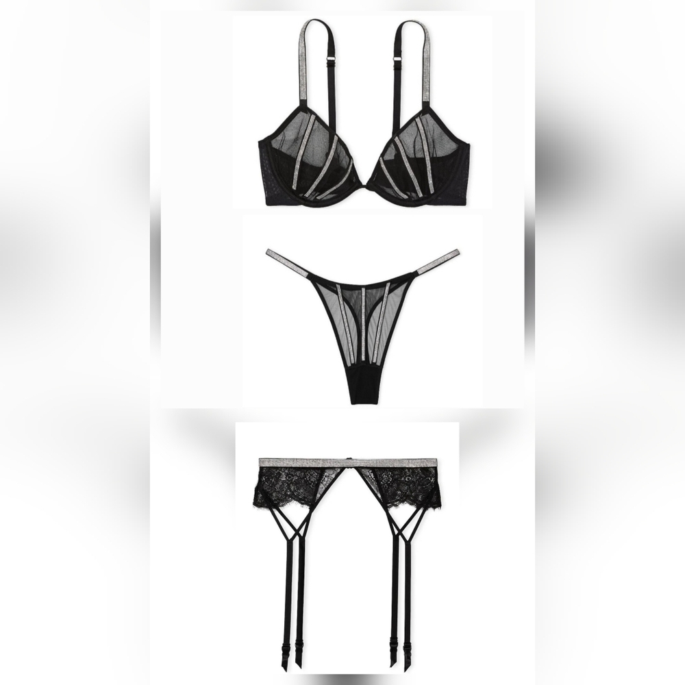 3-PC Victoria's Secret Very Sexy Sheer Bling Bra Thong & Garter Belt Set 36DD/M